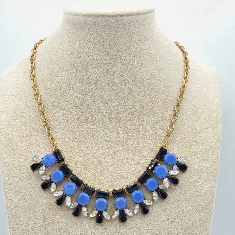 J Crew Blue Black with Clear Crystals Statement Necklace